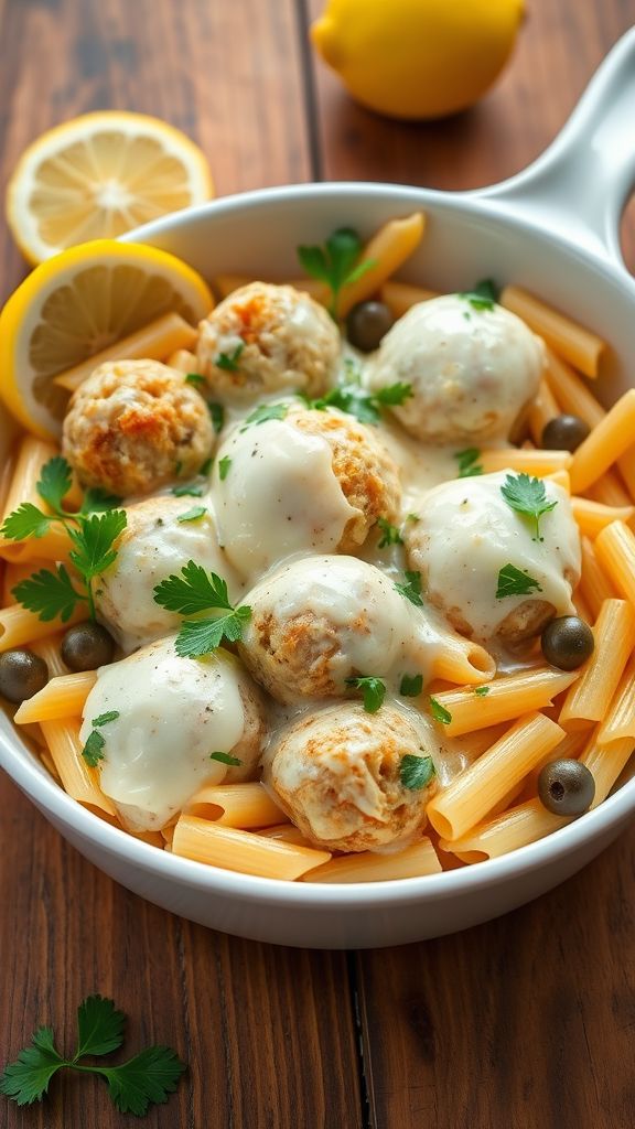 Chicken Piccata Meatball Pasta Bake  