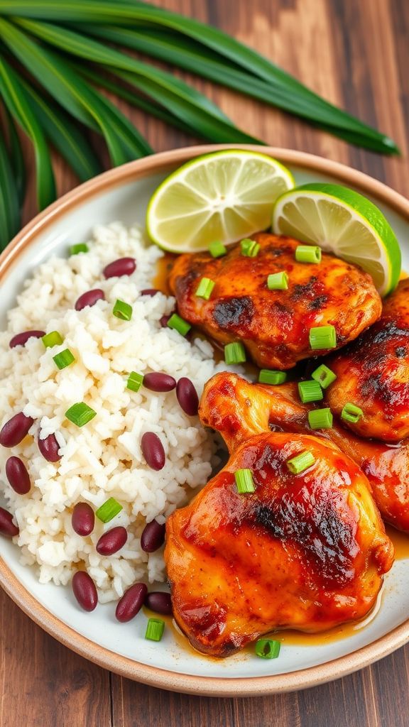 Jamaican Jerk Chicken Thighs with Rice and Peas