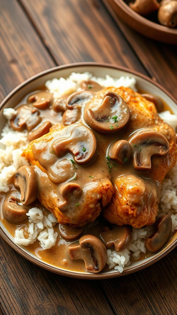 Southern Chicken in Rich Mushroom Gravy over Rice  