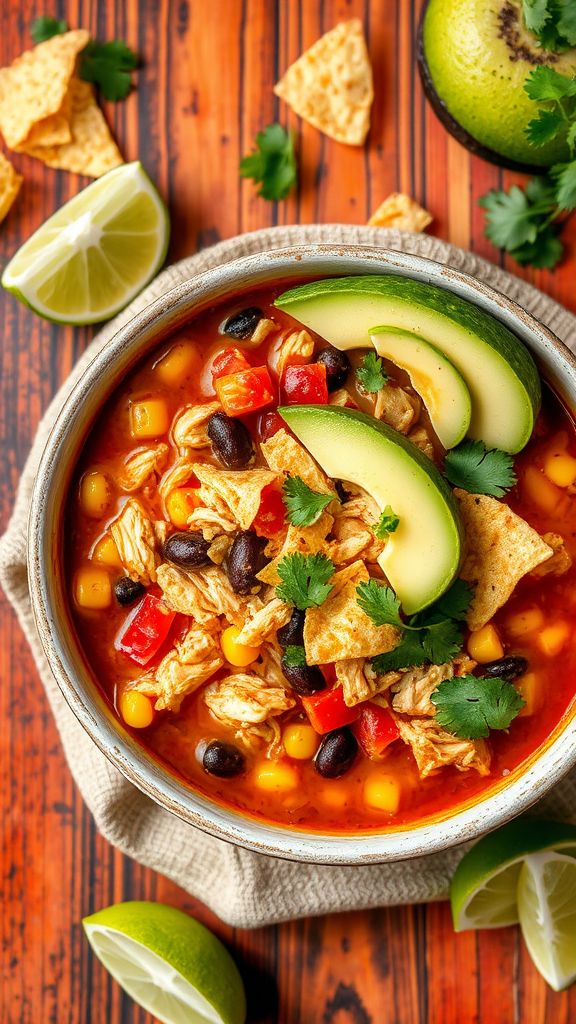 Spiced Chicken Tortilla Soup with Crunchy Toppings  