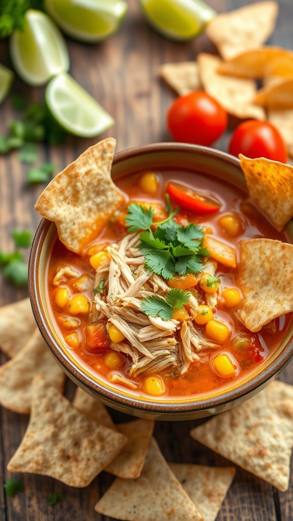 Spicy Lime Chicken Tortilla Soup with Chips  