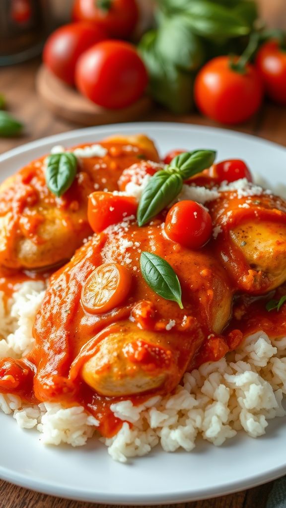 Tomato Basil Smothered Chicken with Rice  