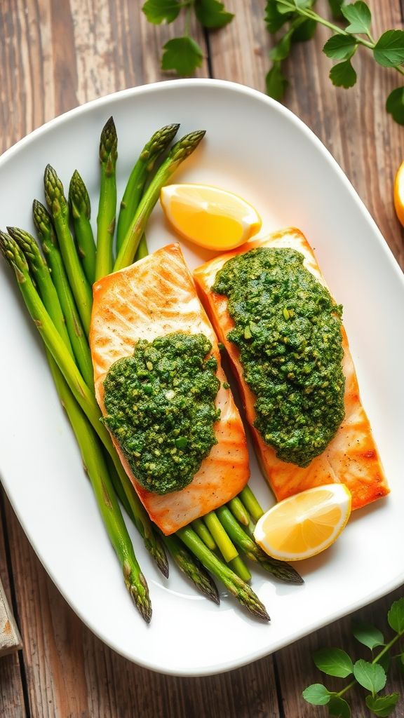 Baked Salmon with Pesto and Asparagus  