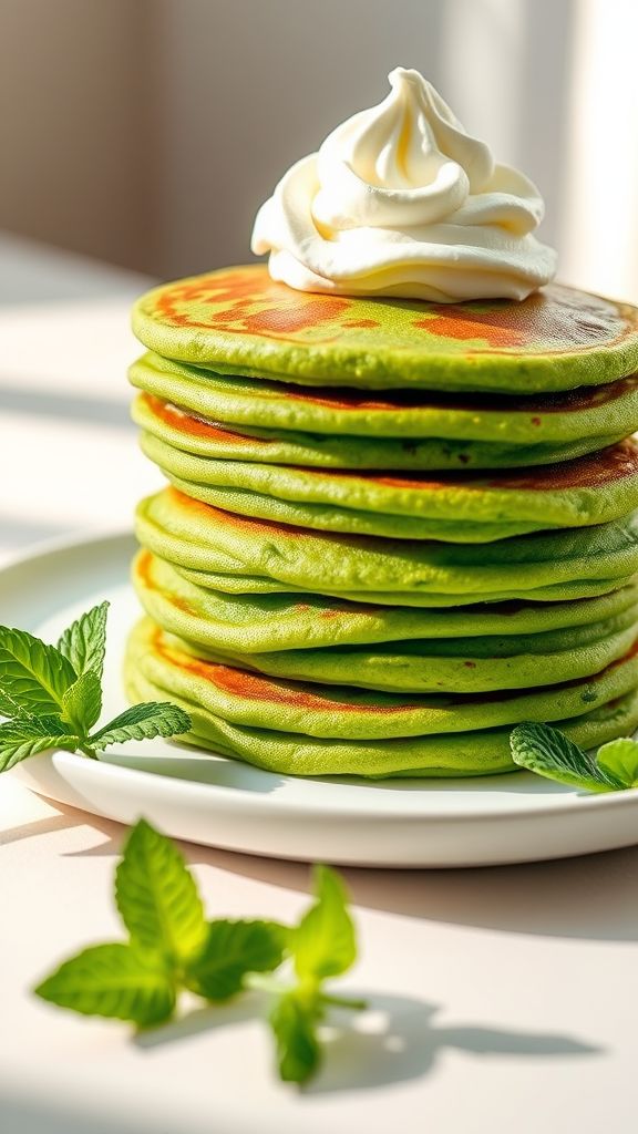 Green Pancake Stacks with Whipped Cream  