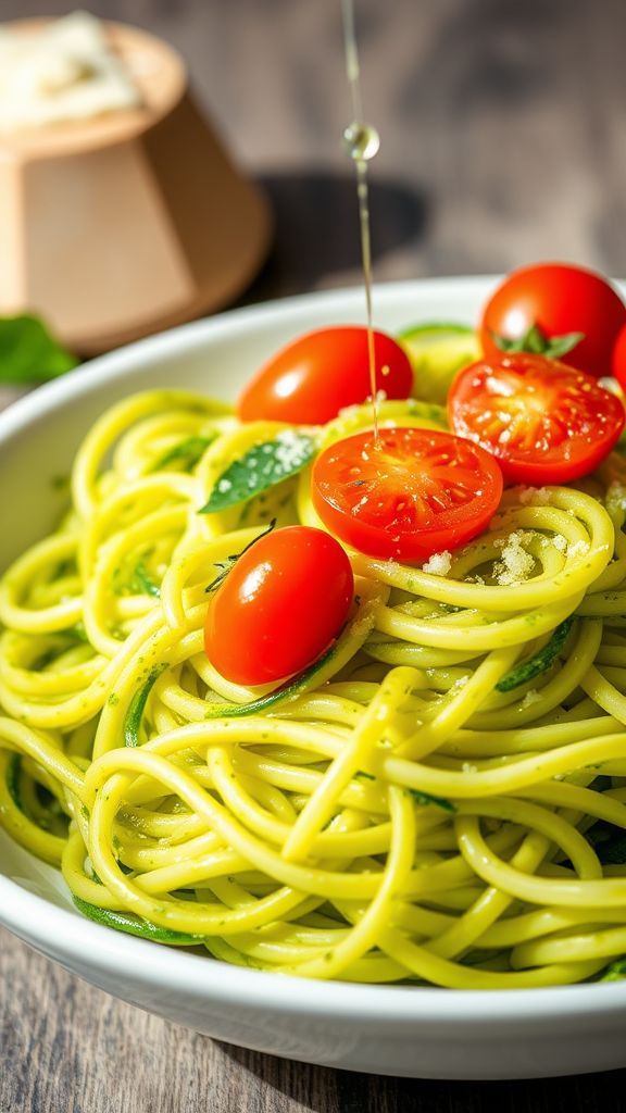 Zucchini Noodles with Pesto and Cherry Tomatoes  