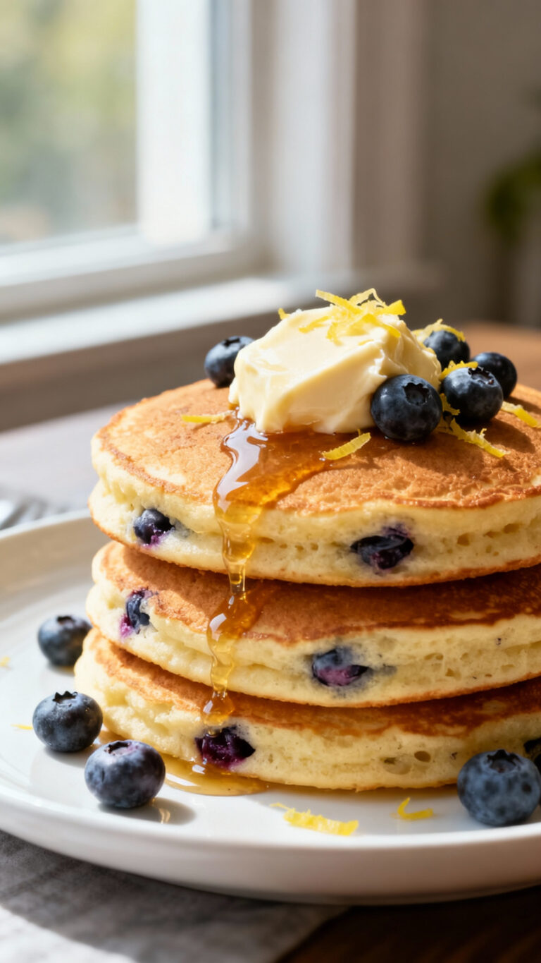 Lemon Blueberry Pancakes with Honey Butter - American