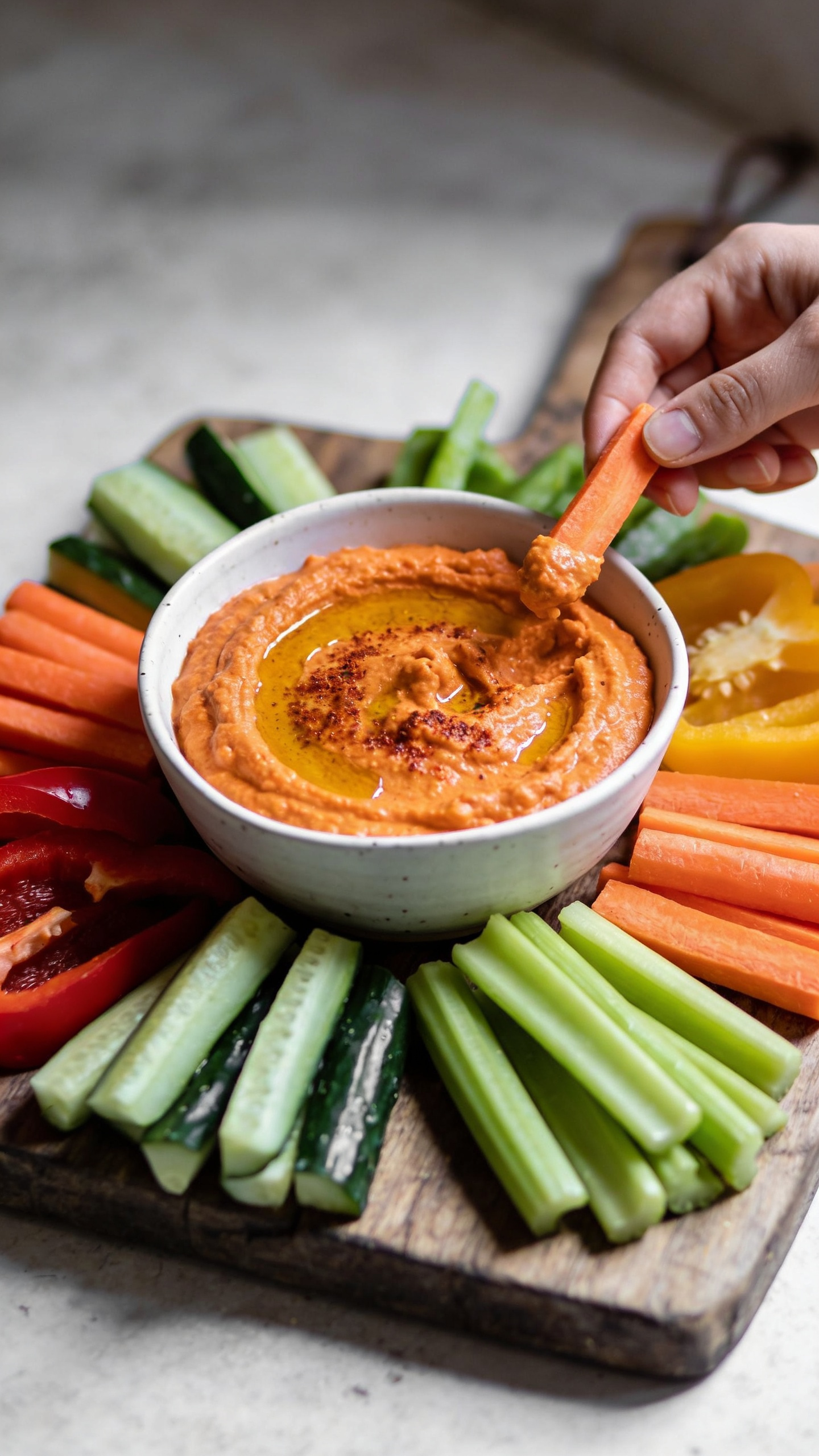 Colorful Carrot Hummus with Veggie Sticks Party Dip