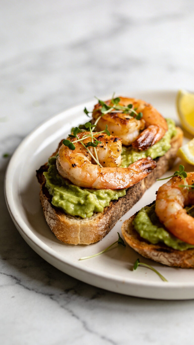 Shrimp and Avocado Toast Plated Beautifully for Entertaining - American