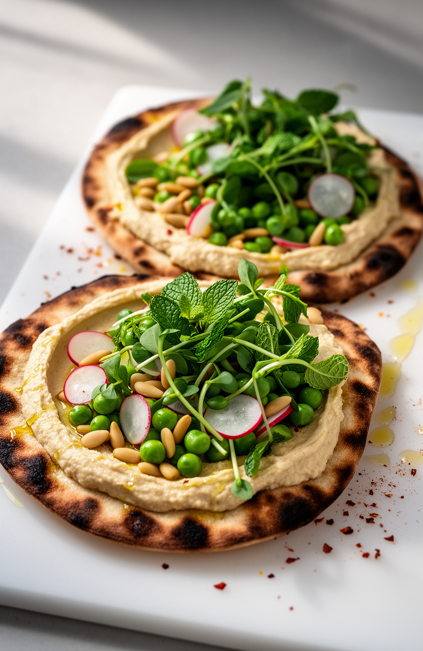 Pea Shoot Hummus Flatbread