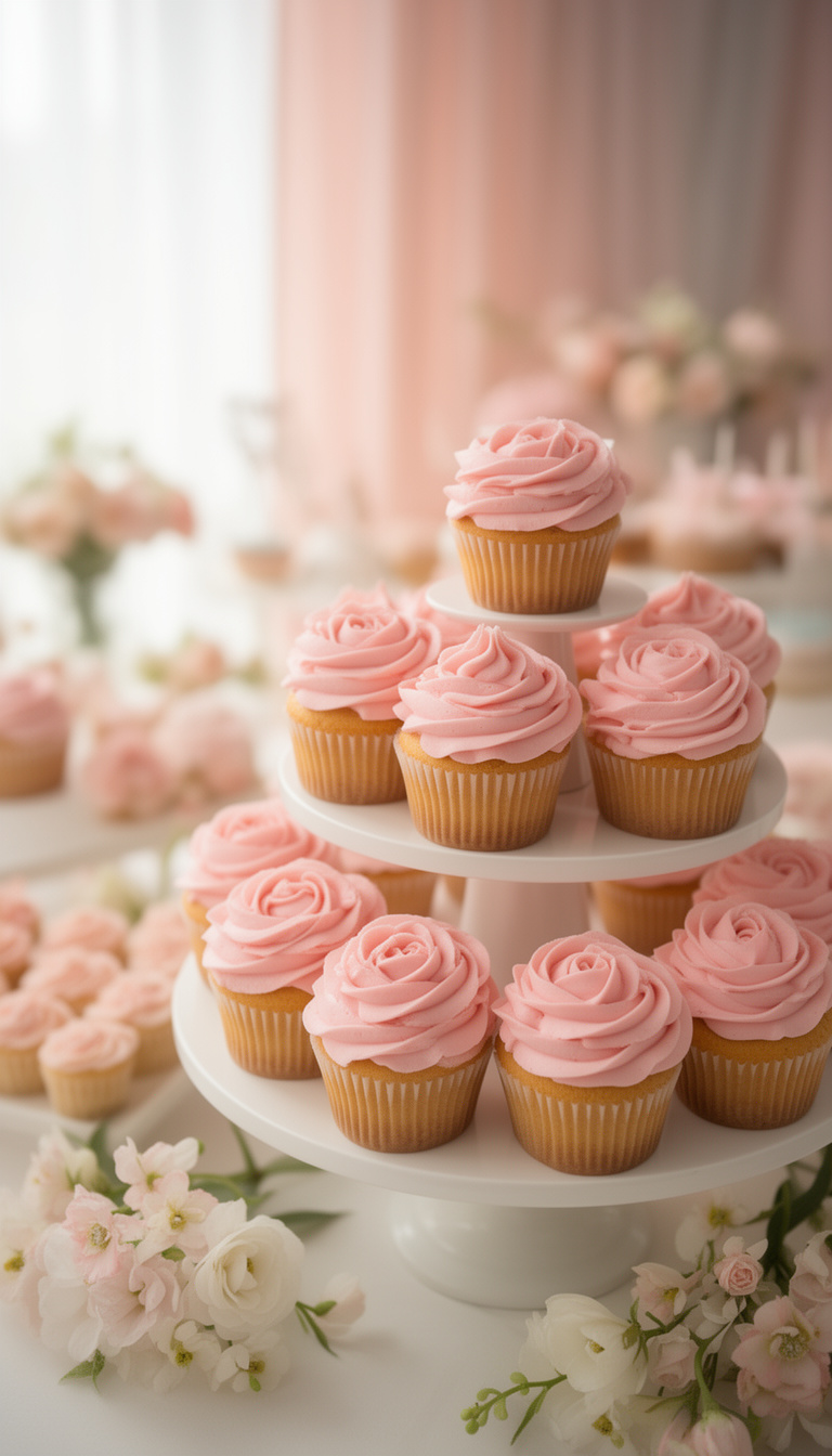 Rose Cupcakes with Buttercream for a Baby Shower Dessert Table - American