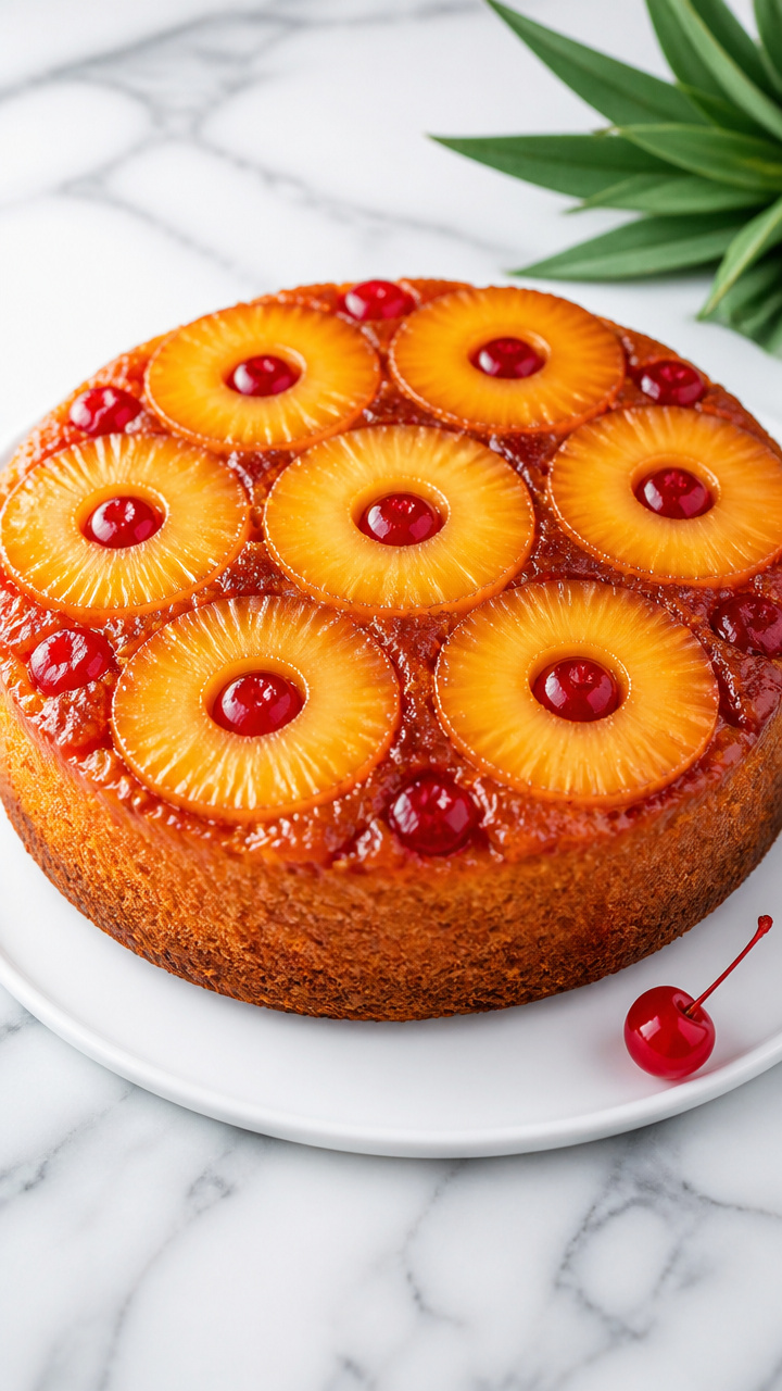Classic Pineapple Upside-Down Cake with Maraschino Cherries